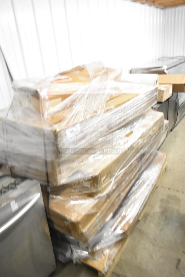Pallet of 14 new scratch and dent items, wrapped in plastic, includes 460EBWIN2448 wire wine shelf and 3493060BBVIN table tops.