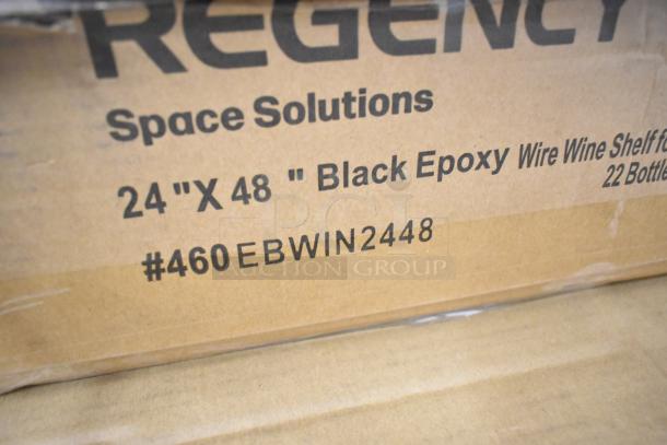 Alt text: "14 new scratch and dent items, including Regency 460EBWIN2448 24x48 Black Epoxy Wire Wine Shelf, visible label."
