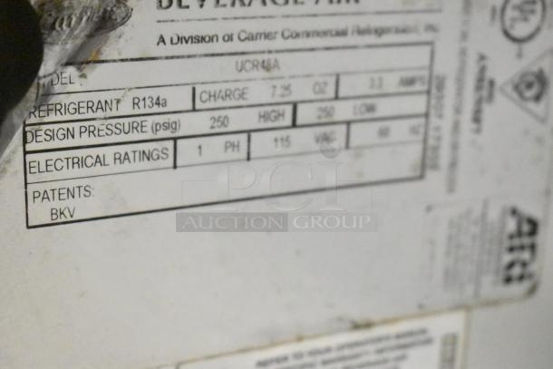 Beverage Air UCR48A commercial stainless steel cooler label, shows model, refrigerant, voltage, and design pressure details.