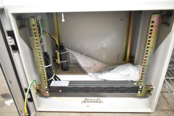 BlackShields DC0300 white metal cabinet, open view showing internal racks, wiring, and power strip. Excellent condition.