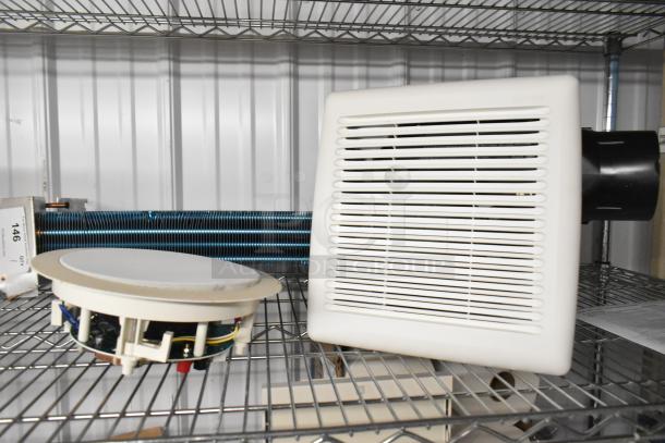 Two items: a speaker and a Broan AE80B-B Flex Series 80 CFM 0.7 sones ventilation fan, on a metal shelf.