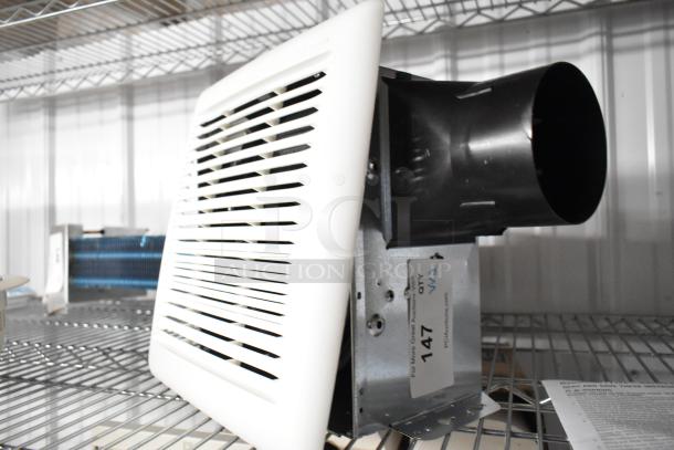 Broan AE80B-B Flex Series 80 CFM 0.7 Sones ventilation fan on a metal shelf, featuring a white grille and black vent duct.