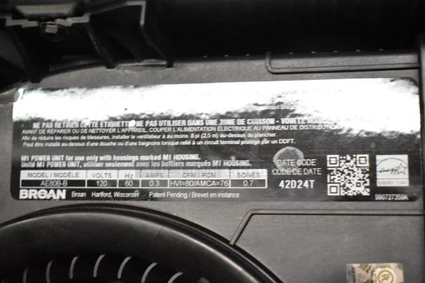 Broan AE80B-B Flex Series ventilation fan label, model AE80B-B, 80 CFM, 0.7 sones; includes QR code and energy star logo.