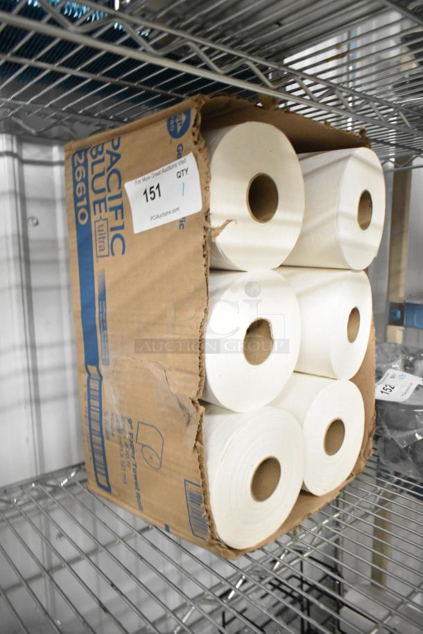 Box of Pacific Blue 26610 paper towel rolls, slightly worn packaging, visible auction label indicating quantity and details.
