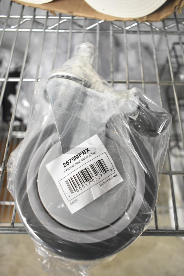 Lot of 8 new 2575MPBX Lavex Pro 5" gray polyurethane shelving stem casters with brake, labeled "Made in Vietnam."