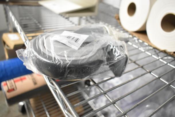 Brand new Lavex Pro 2575MPBX 5" gray polyurethane shelving stem caster with brake, wrapped in plastic.