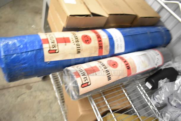 Two rolls of Sealtech Weed Barrier in blue packaging on a metal shelf. Labels indicate brand and usage.