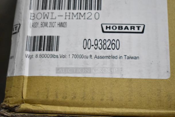 Hobart HMM20 20 Quart Mixing Bowl label showing assembly in Taiwan, weight 8.8 lbs, volume 1.7 cu ft, item number 00-938260.