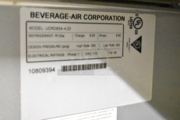 Beverage Air UCRD93A-4-23 undercounter cooler label, showing model, refrigerant type, electrical ratings, and UL certification.