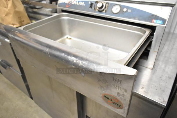 Alto Shaam 500-1D stainless steel single drawer warmer, 120V, showing open drawer and "Halo Heat" marking. Some surface wear.
