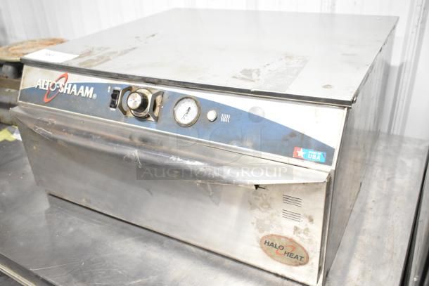 Alto Shaam 500-1D stainless steel commercial warming drawer, single drawer, 120V, visible wear, Made in USA label.
