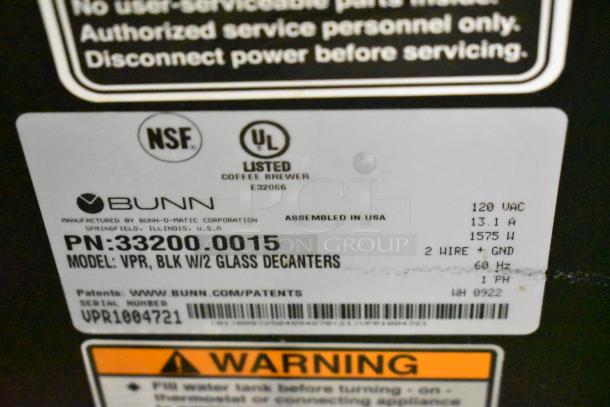 Bunn VPR Commercial Coffee Machine label, 120V, 1 Phase, NSF and UL listed, indicates model VPR, includes two glass decanters.