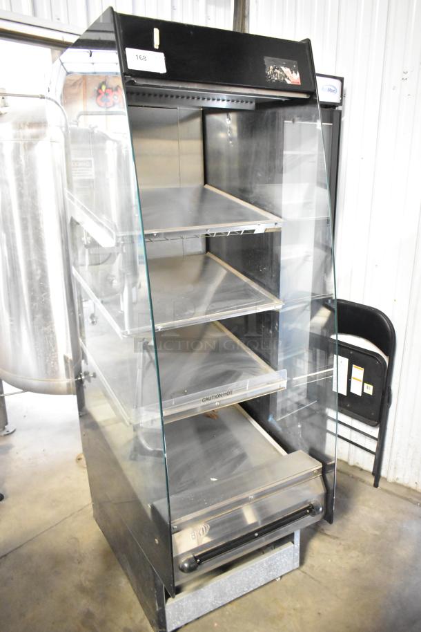 BKI HSS2-4T metal commercial reach-in hot merchandiser with four shelves, glass front, on casters. 208V, 1 phase.