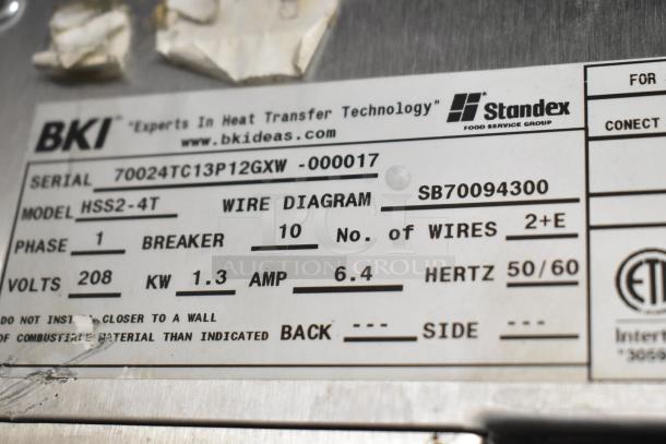 BKI HSS2-4T Commercial Metal Merchandiser label, serial 70024TC13P12GXW, 208V, 1 phase, on commercial casters.