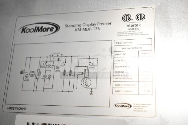 KoolMore KM-MDF-17S freezer label; standing display freezer, 115V, 1 phase, 186 psi high side pressure, poly coated racks.