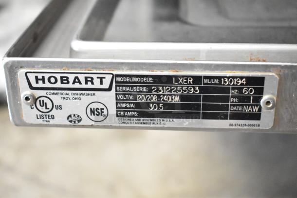 2020 Hobart LXER stainless steel undercounter dishwasher label, shows model, serial number, voltage, and certification marks.