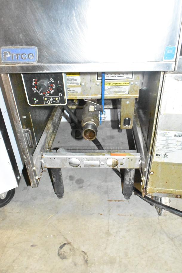 2018 Pitco Frialator SE14 stainless steel floor deep fryer, electric, 208V, 3-phase, includes control panel and NSF label.