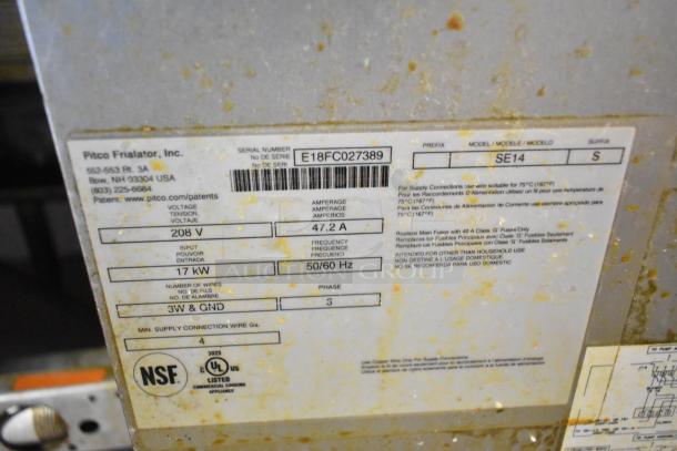 2018 Pitco Frialator SE14 deep fryer label showing voltage (208V), power (17kW), and phase (3). Worn condition.