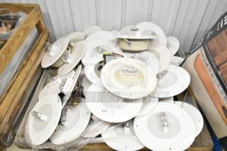 26 ceiling speakers with integrated fire alarm lights, white, fair condition. Visible fire labels on each unit.