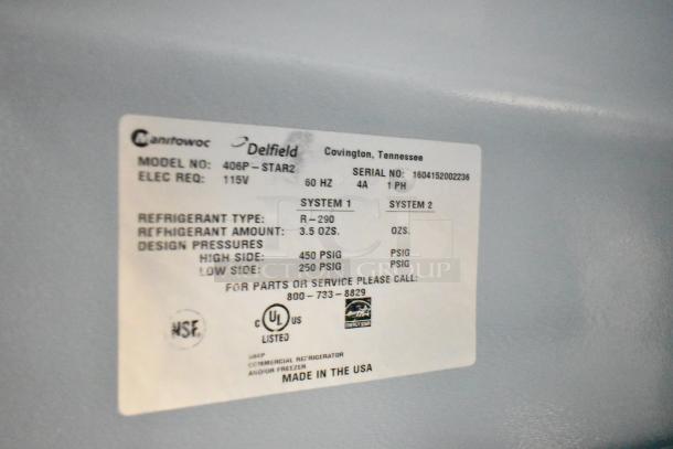 2016 Delfield 406P-STAR2 single door undercounter cooler label. Shows 115V, R-290 refrigerant, 3.5 oz, made in USA.