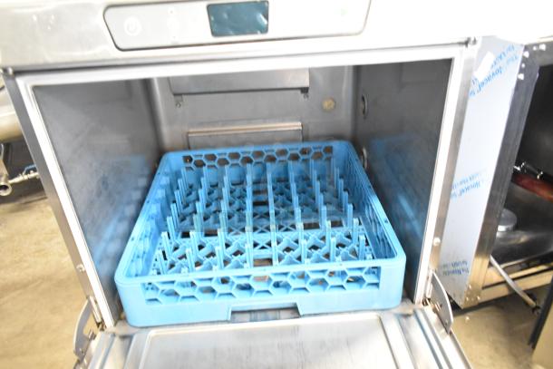 2019 Hobart LXER stainless steel undercounter dishwasher, blue rack inside, 120/208-240V, 1 phase, commercial model.