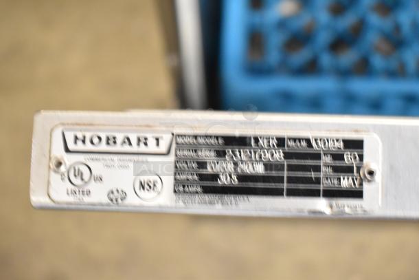 2019 Hobart LXER stainless steel undercounter dishwasher label, model and serial details visible, NSF and UL listed.