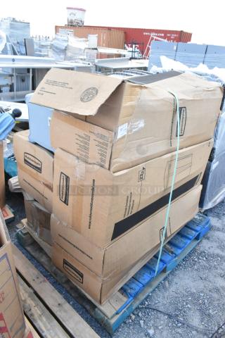 6 new items including Rubbermaid FG356988GRAY 92 Qt. gray trash can, in scratched/dent boxes on pallet.