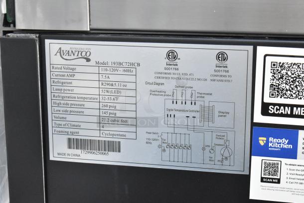 Avantco 193BC72HCB label showing model details, specifications, and warranty instructions.