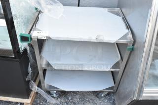 Brand new scratch and dent Regency 600CT1931WD utility cart, 18 3/4" x 30 1/2", 3-shelf, 18 gauge 430 stainless steel, fully welded.