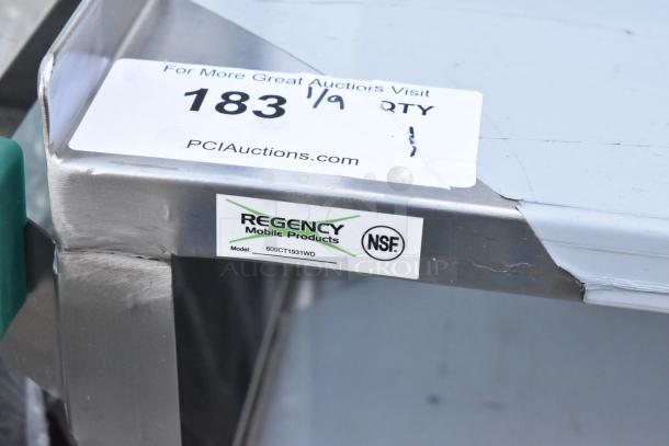 BRAND NEW SCRATCH AND DENT Regency 600CT1931WD 18"x30.5" three-shelf stainless steel utility cart, NSF certified. Model label visible.