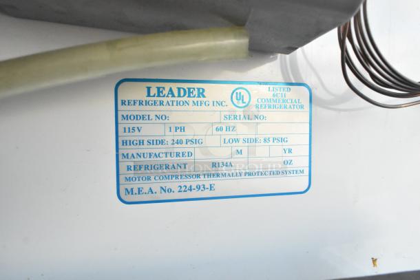 Leader commercial deli display case label, 115V, 1PH, 60Hz, using R134A refrigerant. Model and serial number fields blank.