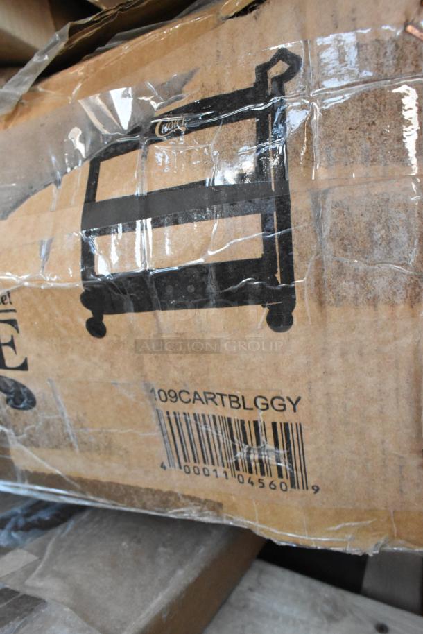 Cardboard box with 109CARTBLGGY label, showing a printed image of a utility cart. Barcode visible below the label.