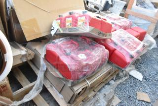 6 brand new Midwest Can Safe-Flo 2 Gallon Red HDPE Gas Safety Cans. Scratch and dent condition, sealed in plastic. Model 2310.