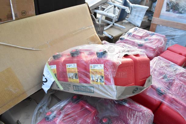 Six new Midwest Can Safe-Flo 2-gallon red HDPE gas cans, sealed with labels, model 2310, in original packaging.