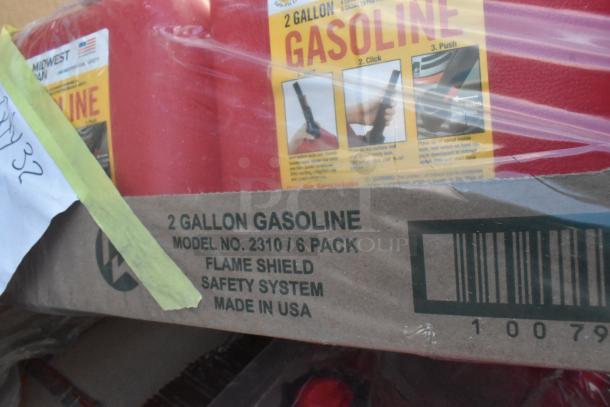 6-pack Midwest Can Safe-Flo 2-gallon gas cans, model 2310, new, featuring a quick-flow spout and flame shield, made in USA.