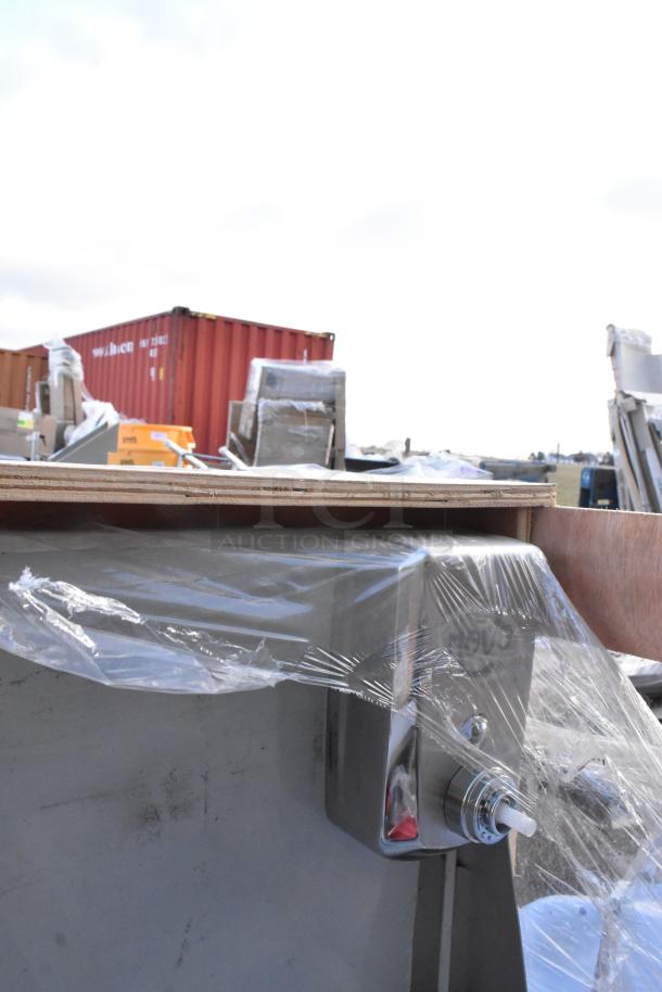 Brand new Regency 600PHS30HC portable hand sink cart, single bowl, hot and cold, scratch and dent condition, plastic-wrapped.