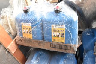 17 Midwest Can 5 Gallon Blue HDPE Kerosene Safety Cans, scratch and dent, with Quick-Flow Spout, model 7610.