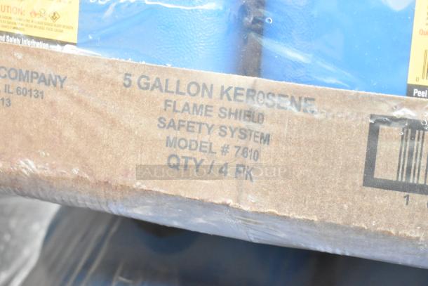17 new Midwest Can 5-gallon blue HDPE kerosene safety cans with Quick-Flow spout, model 7610, shown packaged.