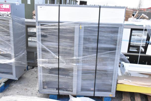 Three gray metal cabinets wrapped for auction, featuring sturdy construction. Includes label "198" indicating auction lot number.