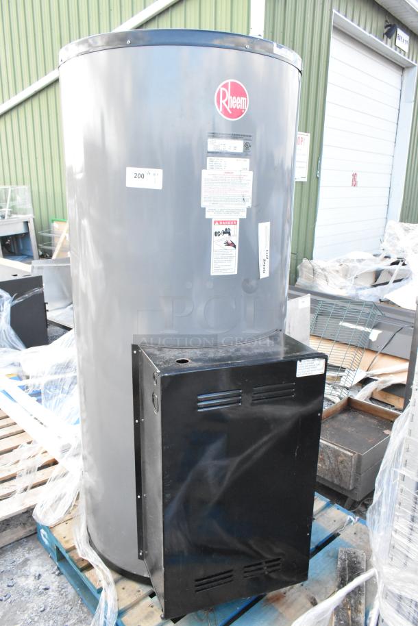 2023 Rheem ES120-45-G 120 Gallon Electric Water Heater, 45kW, 480V, 3 Phase, excellent condition, visible brand logo and safety labels.