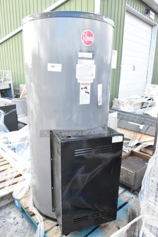 2023 Rheem ES120-45-G 120 Gallon Electric Water Heater, 45kW, 480V, 3 Phase, excellent condition, visible brand logo and safety labels.