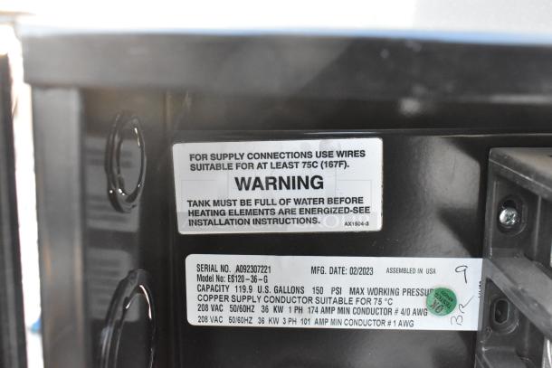 2023 Rheem ES120-45-G commercial electric water heater label, 120-gallon capacity, 45kW, 480V, 3-phase; warning and specs.