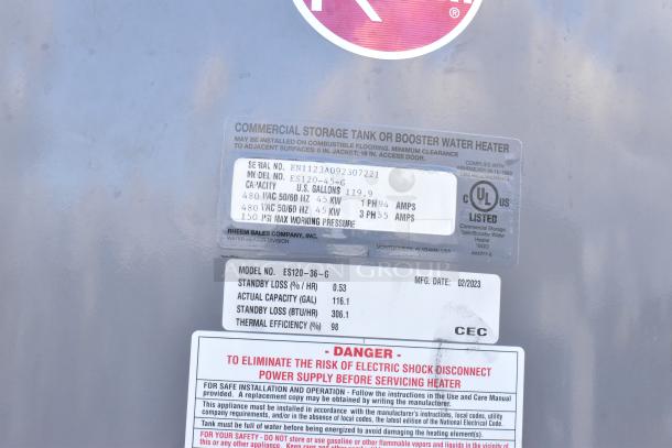 2023 Rheem ES120-45-G 120 Gallon Electric Water Heater; model ES120-45-G, 45kW, 480V, 3 Phase; UL listed.