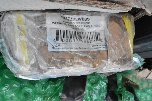 Weighted base for flexible heat lamps by Avantco Equipment. New in packaging with barcode and manufacturer details.