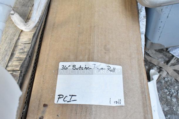 36" Butcher Paper Roll with handwritten tag on cardboard, labeled "PCI, 1 roll".