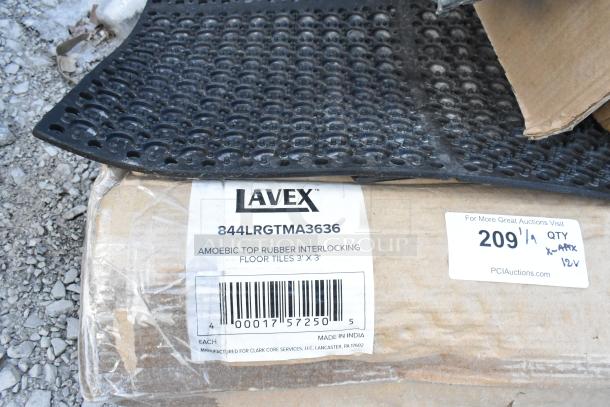 12 brand new Lavex 844LRGTMA3636 rubber interlocking floor mats, amoebic pattern, 3'x3', 5/8" thick, in original packaging.
