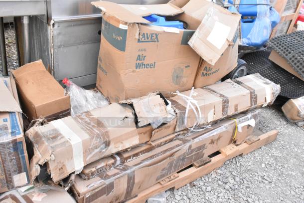 7 new scratch and dent items including hand truck, work table, and air mover. Some damaged boxes, contents intact. AVEX brand.