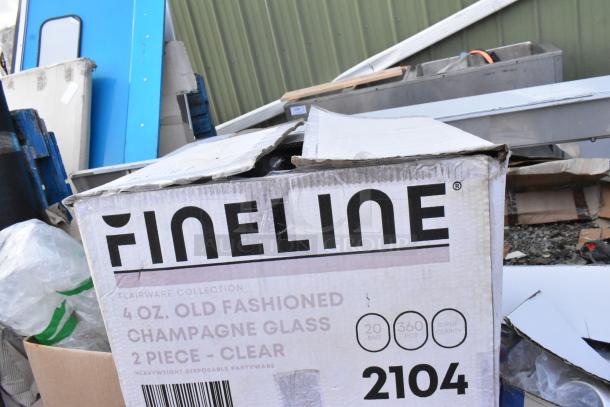 Box labeled "Fineline" containing Flairware collection, 4 oz. old fashioned champagne glasses, 2-piece clear, 360 pcs.
