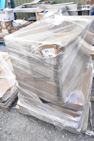 9 new scratch and dent Lancaster Table & Seating 30" round MDF table tops with black wood finish, wrapped on pallet.