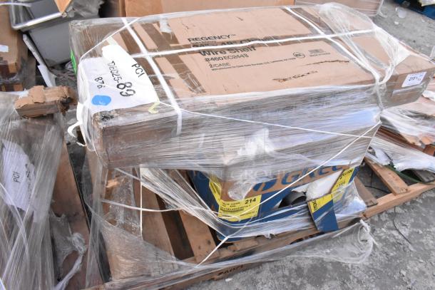 2 pack items: Regency 50 lb. grease trap, 460EC2448 chrome shelf. New, scratch and dent, PDI certified, on pallet.